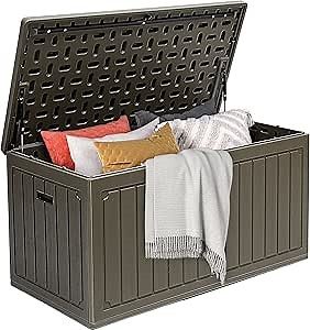 DWVO 90 Gallon Double-Wall Deck Box, Large Resin Outdoor Storage Box, Lockable & Waterproof, Double as Seating, 450lbs Capacity (Light Brown)