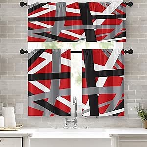 Red Kitchen Curtains with Abstract Line Art - Geometric Rod Pocket Short Tier, Modern Grey White - Set of 36 Inch Curtains and Valances for Kitchen Decor