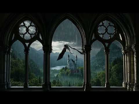 4k Gothic Castle Window in Heavy Rain 🐉 Dark Fantasy Ambience for Focus, Study & Sleep