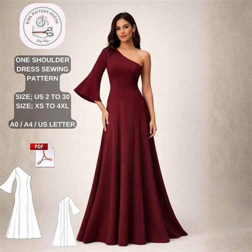 One Shoulder Dress Sewing Pattern, Evening Gown With Slit, Flare Sleeve PDF (US 2-30) - Etsy