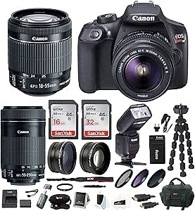 Canon EOS Rebel T6 Digital Camera: 18 Megapixel 1080p HD Video DSLR Bundle With 18-55mm & 55-250mm Lens 48GB SD Card TTL Flash Tripod Bag & Charger - Professional Vlogging Sports & Action Cameras