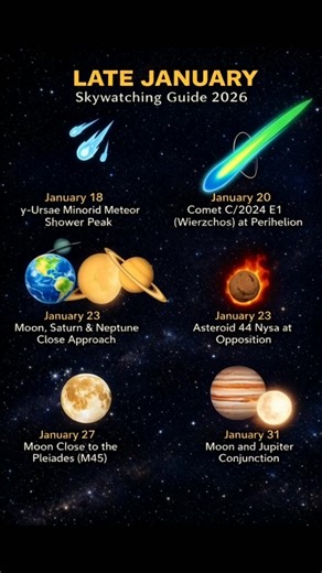 🌌✨ Late January Skywatching Guide 🔭 Here are the top sky events to watch in late January, with approximate peak or closest-approach times in UTC. (Exact timing and visibility can vary slightly depending on your location.) --- 🌠 January 18 – γ-Ursae Minorid Meteor Shower Peak 🕒 Peak: ~00:00 UTC This is a small meteor shower known for slow and faint meteors coming from the direction of Ursa Minor (the Little Dipper). For the best chance to spot them, head to a dark area and look up after midni