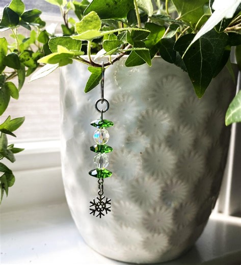 SNOWFLAKE SUN CATCHER for Your Plants or Window - Green and Clear Swarovski Crystals - All Stainless-steel, Non-tarnish - Etsy
