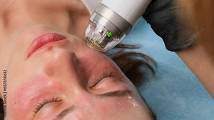 Close-up of a radiofrequency facelift procedure. Facial skin care, anti-aging facial rejuvenation. Radio wave face lifting in a cosmetology clinic.