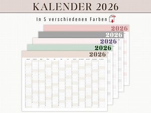 2026 Jahreskalender zum Ausdrucken als Wandkalender | Jahresübersicht 2026 digital DOWNLOAD im Querformat als A4 A3 A2 A1 A0 | Kalender 2026 - Etsy.de