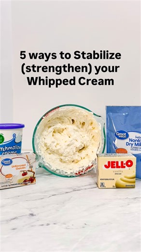 Stabilized Whipped Cream…What is it? And why do I need it? If you make fresh whipped cream, sweetened with granulated sugar it should stay whipped for about 4 hours. If you’re using it all within that time you’re great! Different added ingredients will “stabilize” for different amounts of time. Powdered Sugar (in place of granulated sugar) should last 12-18 hours Marshmallow Cream or Powdered Milk should last 24 hours And for the longest stabilizer use either a little instant pudding mix, or unf