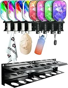 Pickleball Paddle Rack，pickleball Holder,for Fence and Wall Solid Wood Pickleball Paddle Holder,Holds 4 Paddles,with Hooks (2)