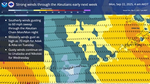 A storm force low tracks across the Bering Sea through the first half of the week, bringing strong winds and periods of moderate to heavy rain. Winds will initially be southerly as a front sweeps across the Aleutians Monday & Monday night and will gust as high as 60 mph. Winds are likely to be stronger behind the front, as high as 70 mph, blowing westerly through Adak and Atka on Tuesday, then Unalaska, Nikolski, and possibly portions of the southern Alaska Peninsula on Wednesday. #akwx | US Nat