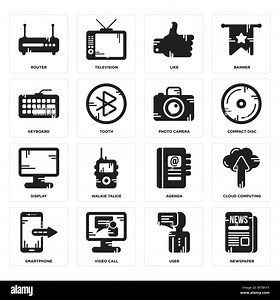Set Of 16 simple editable icons such as Newspaper, User, Video call, Smartphone, Cloud computing, Router, Keyboard, Display, Photo camera can be used Stock Vector Image & Art - Alamy
