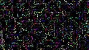 Colored rotating Tetris on black bg. Abstract festive background for advertising, congratulations, text. Colorful creative flat dynamic shapes animation. Business bg. 60 fps 3D render.