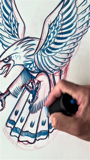 Today I’m sketching a traditional tattoo design for Andreas. Since the design is going to be large, I’m using an A3 sketchpad. I start with a red pencil to find the right flow. Then I switch to blue and define the lines the way I imagine them in the final design. The clean drawing on tracing paper will be in the next video, so stay tuned! #tattoodesign #traditionalart #tattoo #drawingprocess #sketchbook