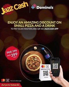 It’s Meal Time! Pay at Domino’s through JazzCash App by scanning Mastercard QR and enjoy a Small Pizza and a Drink in just Rs. 399 and Save Rs. 200! Download the app now: http://bit.ly/2YsKYVA For details: http://bit.ly/2VWIH7N Terms and conditions apply! | JazzCash