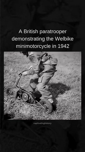 A British paratrooper demonstrating the Welbike minimotorcycle in 1942