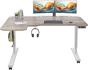 Electric L Shape 59 Inches Standing Desk, Height Adjustable Sit Stand Up Computer Table, Large Modern Smart Ergonomic Home Office Workstation with Splice Board Oak Top + White Frame