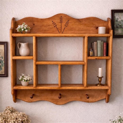 Vintage Wooden Wall Shelf With Peg Hooks | Rustic Farmhouse Curio & Key Rack- Shipping Included - Etsy