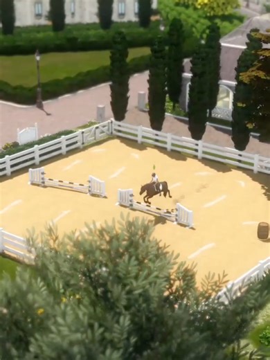 Realistic Equestrian Estate: when you're a Sims 4 builder but also a former equestrian. There is a stable building for six horses including a tack room, two pastures, a riding arena for showjumping, spectator stands, a chic courtyard with a garden and parking lot and the spacious mansion for a Sims family. #thesims #simstok #thesims4 #sims #sims4story