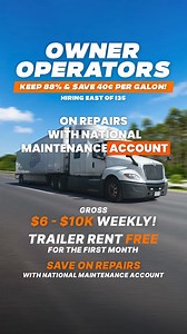 100% Owner-Operated company with dedicated customers. FREE Trailer For The First Month! Check our offer 👇 WE OFFER: ● 88% of the Load ● Trailer Rent Free For The First Month ● Fuel Cards With Up to .40c/Gallon Fuel Discount ● Gross Revenue $6,000 - $10,000 weekly ● Operating and Hiring East of I35 ● Direct Deposit Every Friday ● Safety Bonus $2,000 ● Referral Bonus $2,400 ● Flexible Home Time ● No Forced Dispatch ● New Trailers ● Plate Program ● 100% No Touch Freight ● 24/7 Dispatch and ELD Sup