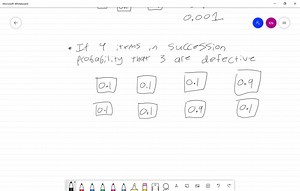 In the field of quality control, the science of statistics is often used to determine if a process is out of control. Suppose the process is, indeed, out of control and 10 % of items produced are defective. (a) If three items arrive off the process line in succession, what is the probability that all three are defective? (b) If four items arrive in succession, what is the probability that three are defective? | Numerade