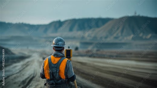Surveying Engineer Measuring Land with Equipment on Construction Site at Sunrise in Remote Mountain Area