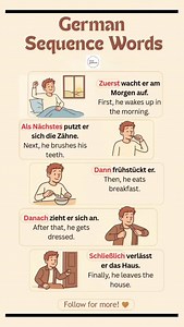 Want to speak German naturally? Master these German Sequence Words and build perfect sentences every day! This simple guide shows you how to describe your daily routine step-by-step — just like native speakers do. Easy, beginner-friendly, and super useful for A1–A2 learners! 🇩🇪❤️ Save this post and start using these words today!👇 25 Hashtags #learnGerman #germanlanguage #deutschlernen #germaneasy #germanvocabulary #germanA1 #germanA2 #studygerman #germangrammar #dailygerman #deutschfüranfänge