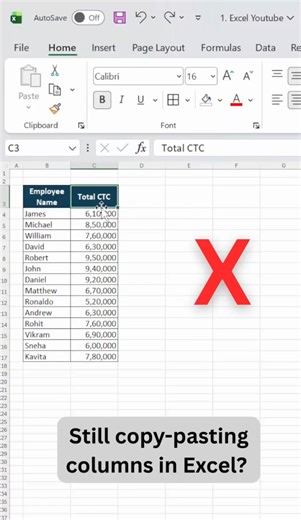 Add Columns in 1 Second⚡ Excel Shortcut You Must Know #excel #shortcuts #viral #shorts
