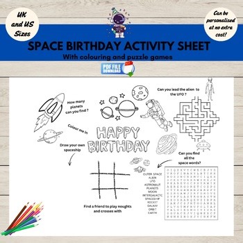 Outer Space Birthday Party Activity Sheet, Coloring Page, Puzzle Games Placemat,