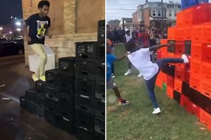 Man doing Milk Crate Challenge sent flying by kids & other lands on FACE