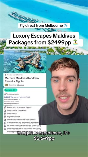 Luke | Savvy not Stingy on Instagram: "Maldives package holidays with direct return flights from Melbourne starting at $2499pp 🏝️✈️ #travel #traveldeals #bargain #sale #maldives"