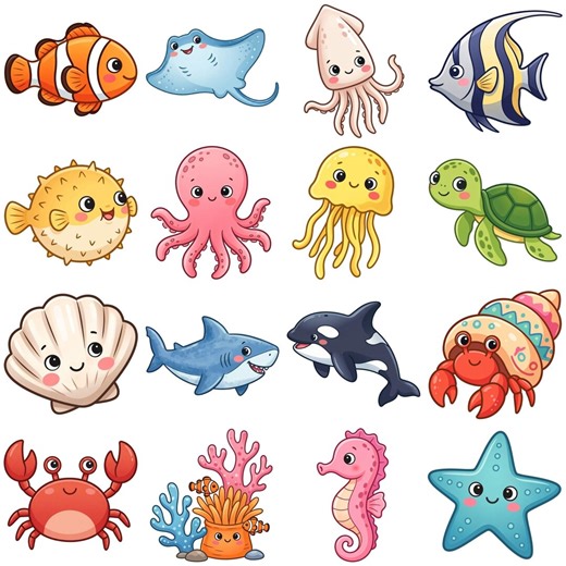 Ocean Animals Clipart PNG Bundle, Cartoon Style, Printable Stickers, Digital Download - Etsy Canada