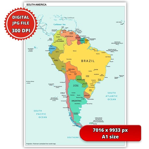 南アメリカの印刷可能な地図、300 DPI高解像度地理ポスター（JPG   PDF） - Etsy 日本