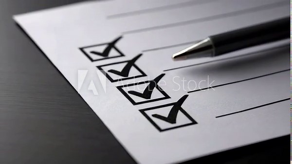 Checklist with black check marks on white paper and pen on dark surface symbolizing task completion organization office business list and paper for effective task management and organization