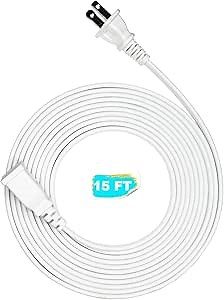 White Extension Cord 15 Feet Long Extension Cord 2 Prong for Indoor/Outdoor Use with Single Plug Ideal for Holiday Lights, Lamps,Household Appliance ETL Listed(1 Pack)