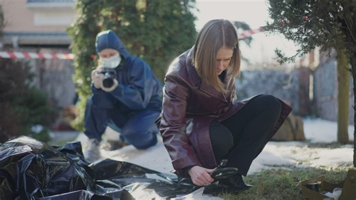 Detective examining a body at a crime scene - Free Stock Video