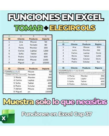 Función TOMAR y ELEGIRCOLS en Excel: Controla Filas y Columnas en Segundos Cap 37 ¿Quieres mostrar solo ciertas filas o columnas sin borrar nada? En este video aprenderás a usar las funciones TOMAR y ELEGIRCOLS en Excel para controlar qué parte de una tabla se muestra de forma dinámica. #sepamosexcel #sepamosexcelformulas #formulassepamosexcel #excelformulas #formulasexcel #sepamosexcelcurso #sepamosexcelviral #excelsepamos #excel #usarexcel #excelavanzado #excelintermedio #excelbasico #excelexc