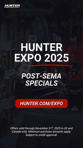 TOMORROW is the last day to take advantage of our Post-SEMA Specials. Call your local Hunter Rep now! If you were unable to attend SEMA, we are pleased to extend exclusive offers for customers in the US and Canada through November 21, 2025. Minimum purchase amounts apply. Subject to credit approval. For more info, go to https://www.hunter.com/expo?utm_source=social&utm_medium=cta&utm_campaign=expo2025 | Hunter Engineering Company Corporate