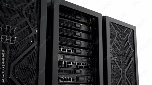 Close-up view of black server racks with blinking green lights inside a modern data center. The intricate design of the server cabinets suggests advanced technology and secure data management.