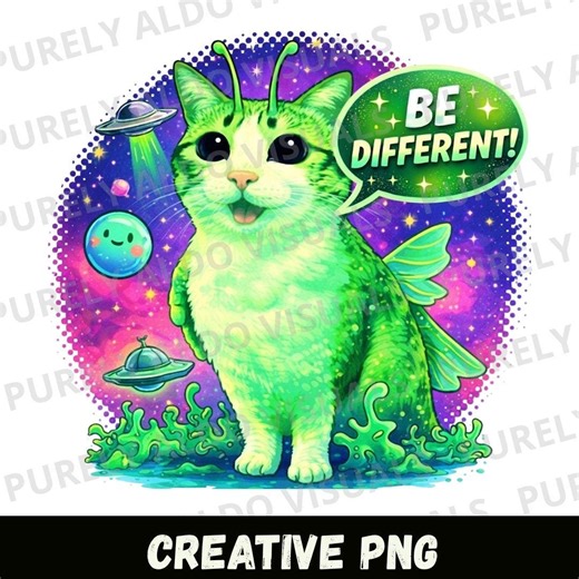 Psychedelic Alien Cat Digital Art Print - Vibrant Space Aesthetic Sticker Design - Retro Sci-Fi "Be Different"