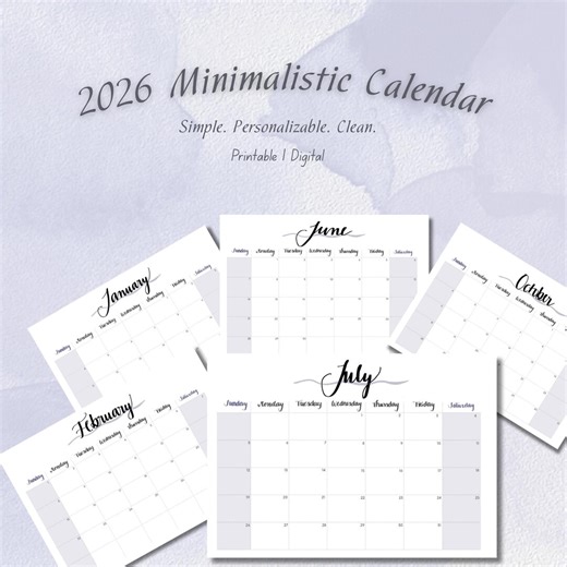 Simple Monthly Calendar 2026, Printable Monthly Planner, Minimal Aesthetic Wall Calendar, Neutral Customizable Months, Instant Download - Etsy