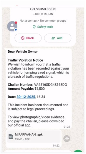 SILVASSA_TIMES_NEWS on Instagram: "There is a new scam going around where people are receiving messages about “pending traffic violations” or “unpaid challans.” The message contains a link to download an APK file to view or pay the challan. Please do NOT download or install this APK. Once installed, the app can take remote access of your phone, read your OTPs, and even transfer money from your accounts without your knowledge — often at night when you are asleep. How to stay safe: Do not download