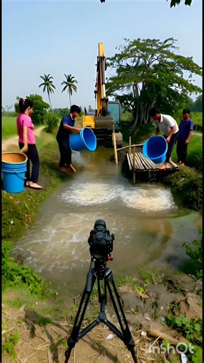 Old dirty pond cleaning transformation.Watch workers remove trash, algae,