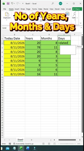 DATEDIF() in Excel | Calculate Years, Months & Days Easily 🔥 | Excel Trick #shorts #dataanalytics