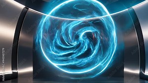 Abstract neon design energy vortex, futuristically spinning from the center around a sphere to the sides. Science and technology video