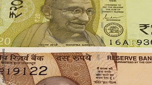 India rupee notes slow tracking. Indian currency close up. Slider shot, macro. Low angle, 4K