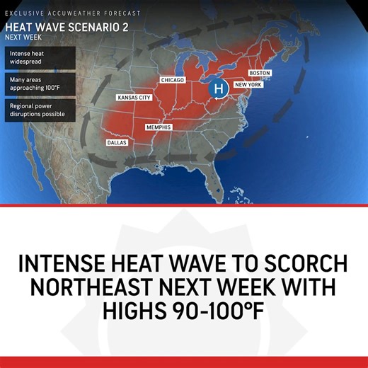 46K views · 496 reactions | AccuWeather experts are monitoring two possible scenarios with next week's heat wave: • Intense localized heat with high temperatures of 90-100°F • More widespread heat with many areas approaching 100°F https://bit.ly/3KI7Gnf | AccuWeather | Facebook