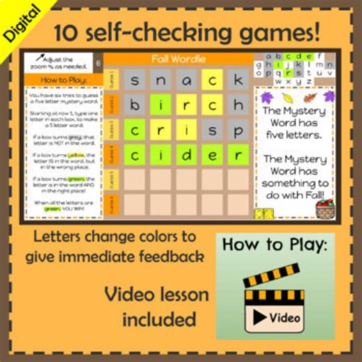 Digital Self-Checking Fall Wordle Games - fall vocabulary puzzles!
