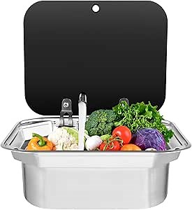 Kitchen RV Sink, Stainless Steel Camper Sink with Lid And Faucet Kit, Hand Wash Basin w/Hot & Cold Taps, 17" Drop-In Portable Sink for RV Caravan Boat Camper