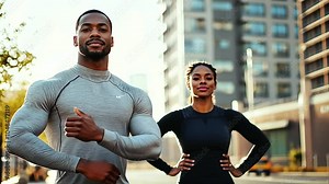 A fit couple in athletic wear, stretching together in a public urban setting as they prepare for an intense morning workout