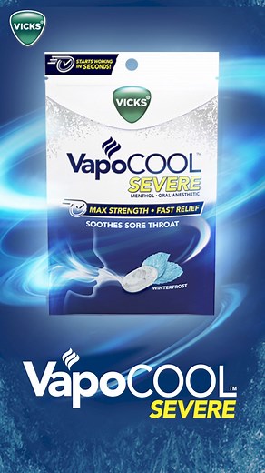 Vaporize sore throat pain with Vicks VapoCOOL Winterfrost Medicated Drops, now with 2X more menthol per drop*. Also available in Sugar Free Winterfrost. | Vicks