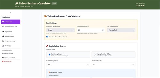 Tallow Business Calculator Starter | Rendering Calculator | Recipe Costing Spreadsheet | Pricing Tool | Instant Download - Etsy