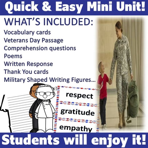 Veterans Day Reading & Writing Activities | Passage, Prompts & Crafts